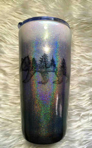 Bear Trees Silhouette Holographic Glitter Tumbler - Silver, Grey, Black - Insulated - 20 oz - Outdoors, Wilderness, Cabin, Lodge, Rustic