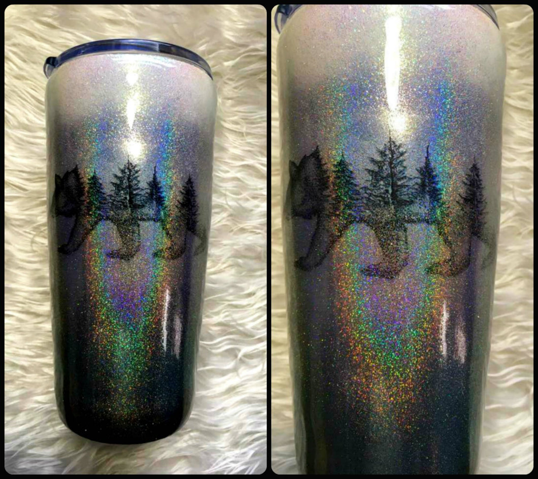 Bear Trees Silhouette Holographic Glitter Tumbler - Silver, Grey, Black - Insulated - 20 oz - Outdoors, Wilderness, Cabin, Lodge, Rustic