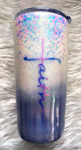 Faith Cross Holographic Glitter Tumbler - White, Purple, Blue - Christian, God, Believer Gift, Faith Tumbler - Faith Cup - Insulated - 20 oz