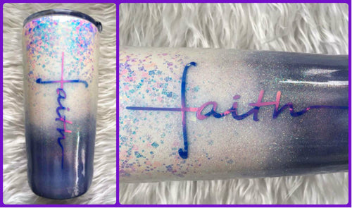 Faith Cross Holographic Glitter Tumbler - White, Purple, Blue - Christian, God, Believer Gift, Faith Tumbler - Faith Cup - Insulated - 20 oz