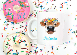 Cow with Flowers Personalized Mug - Gift for Mom, Grandma, Office Gifts, Heifer Mug, Coworker Gift, Farm Animal Mug, Cow Gifts, Coffee Mug