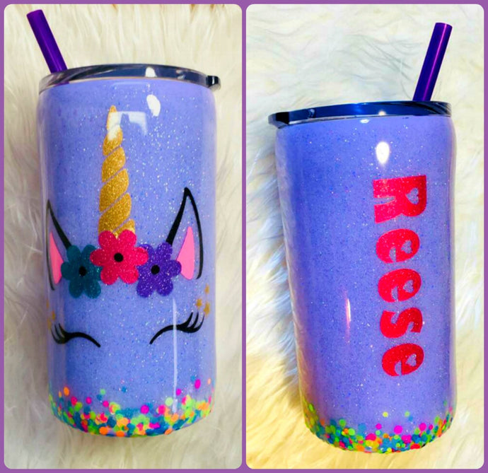 Unicorn Personalized Name Holographic Glitter Lavender Cup Stainless Steel with Straw - Insulated - Gift for Girl - 12 oz - FREE SHIPPING