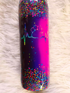 Pawprint Heartbeat Thermal Glittered Color Changing Thermal Tumbler with Lid - Purple/Pink - Dog - Cat - Vet - Insulated - 20 oz