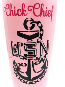 Chick Chief CPO Tumbler - Chief Petty Officer - Custom with Your Name, Rank - Navy Ladies, U.S. Navy - Pink, Black - Insulated - 20 oz