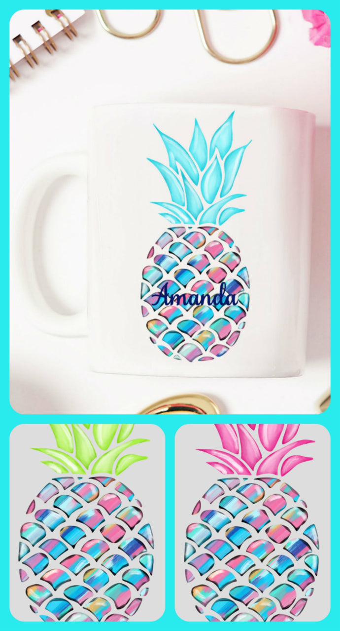 Pineapple Personalized Name Coffee Mug, Tropical Mug, Choose Your Color and Name, Pineapple Gift, Pineapples, Gift for Mom, Coffee Cup