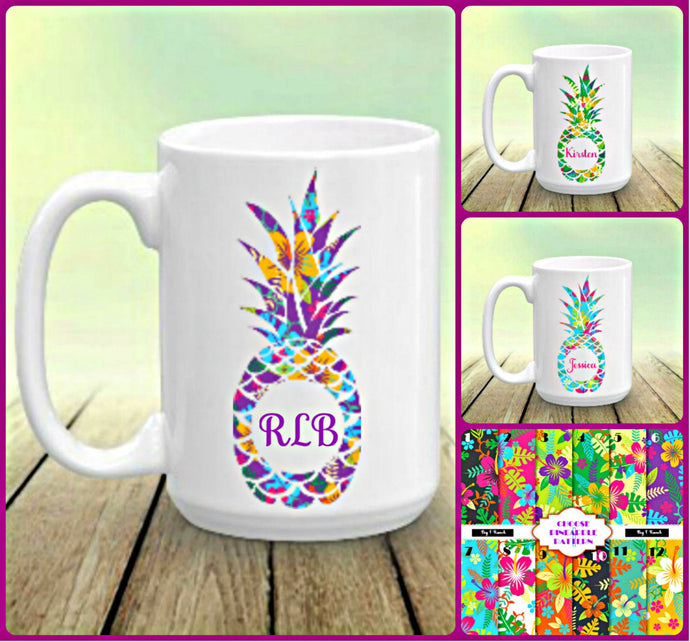 Pineapple Personalized Name Monogram Coffee Mug, Tropical Mug, Choose Pineapple Pattern and Name/Monogram, Pineapple Gift, Pineapples