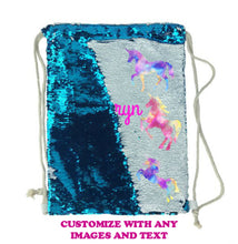 Load image into Gallery viewer, Sequin Drawstring Bag Personalized Backpack Reversible - Blue or Pink - Add a Name/Image/Photo - Sequin Gift - Mermaid Bag - Teen Girl