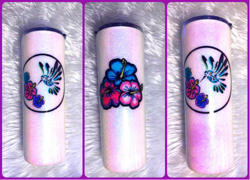 Hummingbird and Hibiscus Purple UV Glitter Tumbler - Watercolor - Glitter Tumbler - Color Changing- Insulated - 20 oz - FREE SHIPPING