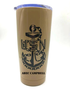 Navy Chief CPO AB Tumbler - Custom with Your Name, Rank, Unit - AB Wings - U.S. Navy - Gift for Dad - Khaki, Black - Insulated - 20 oz