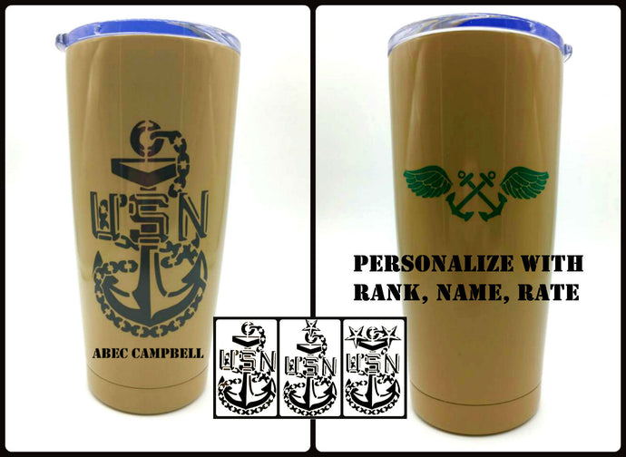 Navy Chief CPO AB Tumbler - Custom with Your Name, Rank, Unit - AB Wings - U.S. Navy - Gift for Dad - Khaki, Black - Insulated - 20 oz