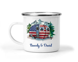 Patriotic Flag Camper Personalized Mug - Gift for Mom, Grandma, Couples Gift, Mother's Day, Retro Camping Coffee Mug, Nature and Outdoors