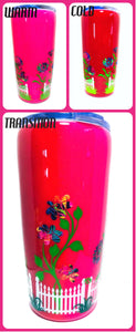 Flowers and Fence Thermal Color Changing Tumbler with Lid and Straw - Pink/Red - Mood Tumbler - Gift for Mom, Grandma - Insulated - 20 oz