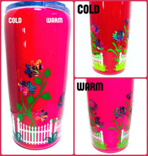 Load image into Gallery viewer, Flowers and Fence Thermal Color Changing Tumbler with Lid and Straw - Pink/Red - Mood Tumbler - Gift for Mom, Grandma - Insulated - 20 oz