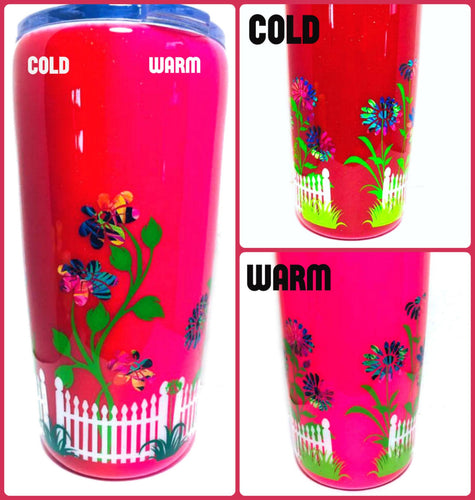 Flowers and Fence Thermal Color Changing Tumbler with Lid and Straw - Pink/Red - Mood Tumbler - Gift for Mom, Grandma - Insulated - 20 oz