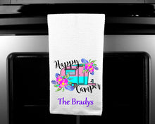 Load image into Gallery viewer, Happy Camper Oven Mitt Pot Holder Towel Gift Set Personalized, Gifts for Mom, Housewarming Gift, Hostess Gift, Wedding, Custom Kitchen Set