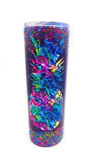 Pineapple Tropical Thermal Glittered Color Changing Thermal Tumbler with Lid - Purple/Pink - Hibiscus Vinyl - Luau - Insulated - 20 oz