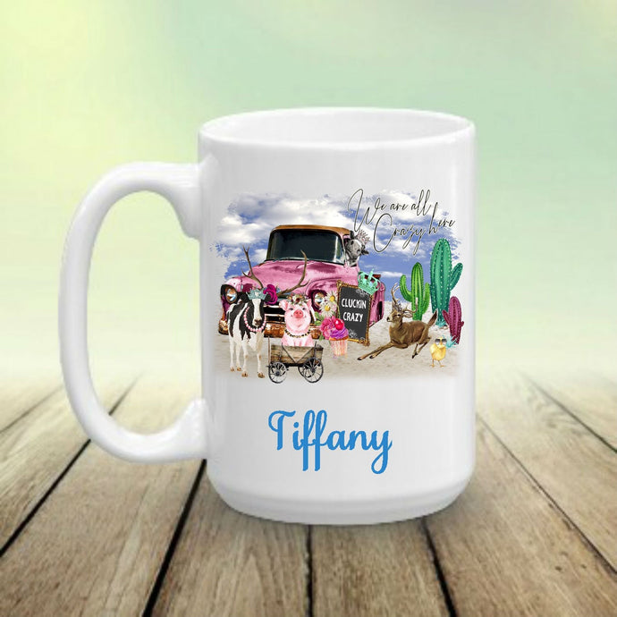 We're All Crazy Here Farm Animals Retro Truck Personalized Coffee Mug - Office Gift, Funny Mug, Humorous Gift, Gift for Mom, Mother's Day