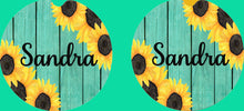 Load image into Gallery viewer, Sunflower Teal Wood Personalized Car Coasters, Flower Coaster, Personalized Coasters, Sandstone Car Coasters, Car Accessories, Set of 2