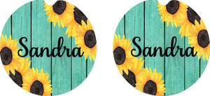 Sunflower Teal Wood Personalized Car Coasters, Flower Coaster, Personalized Coasters, Sandstone Car Coasters, Car Accessories, Set of 2