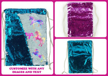 Load image into Gallery viewer, Sequin Drawstring Bag Personalized Backpack Reversible - Blue or Pink - Add a Name/Image/Photo - Sequin Gift - Mermaid Bag - Teen Girl