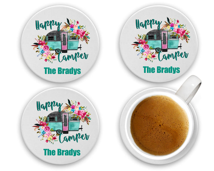 Happy Camper Coasters - Camping - Personalized - Customized - Wedding Gift - Couples Gift - Traveling - Gift for Mom, Mother's Day, Set of 4