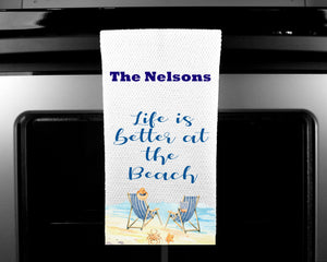 Life is Better at the Beach Oven Mitt Pot Holder Towel Gift Set Personalized, Gifts for Mom, Housewarming Gift.Wedding.Custom Kitchen Set