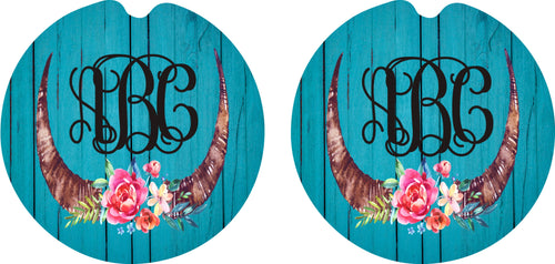 Floral Steer Horn Wooden Personalized Car Coasters, Flower Coaster, Personalized Coasters, Sandstone Car Coasters, Car Accessories, Set of 2