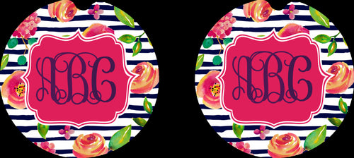 Navy Floral Striped Monogram Car Coasters, Flower Coaster, Personalized Coasters, Striped, Sandstone Car Coasters, Car Accessories, Set of 2