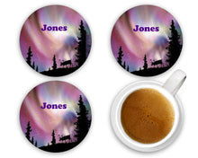 Load image into Gallery viewer, Northern Lights Aurora Borealis Moose Coasters - Trees Night Sky - Personalized - Customized - Wedding Gift - Couples Custom Gift - Set of 4