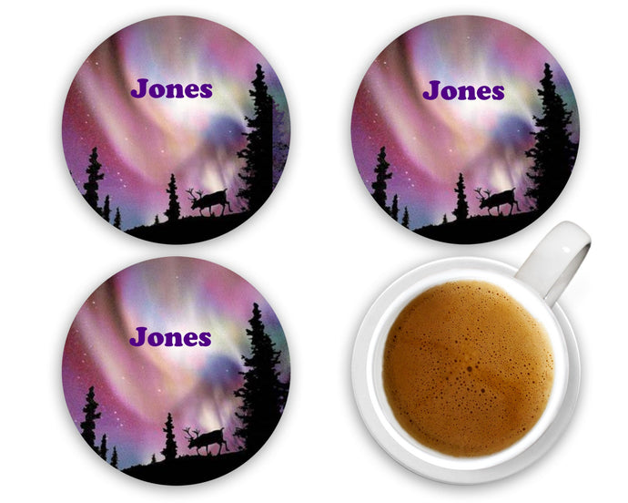 Northern Lights Aurora Borealis Moose Coasters - Trees Night Sky - Personalized - Customized - Wedding Gift - Couples Custom Gift - Set of 4