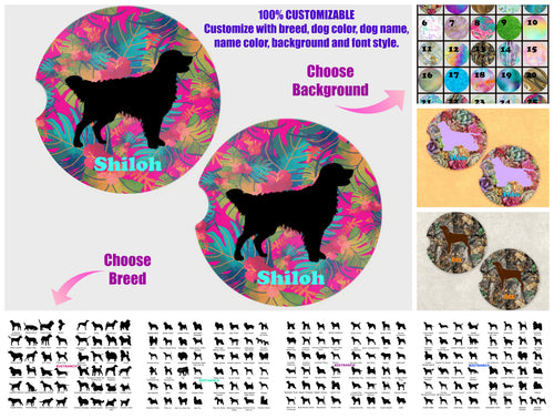 Dog Breed Personalized Car Coasters, Sandstone Car Coasters, 100% Custom, You Choose Breed, Name/Color, Background, Dog Lover Gift, Set of 2