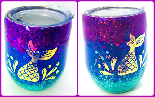 Mermaid Holographic Glitter Stemless Wine Tumbler Stainless Steel with Lid - Mermaid Tail - Mermaid Splash - Under the Sea Party