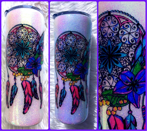 Dream Catcher UV Glitter Tumbler - Boho - Watercolor - Glitter Tumbler - Water Bottle - Color Changing - Insulated - 20 oz - FREE SHIPPING