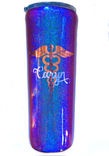 Load image into Gallery viewer, Nurse Tumbler, Personalized, Caduceus Holographic Purple/Blue Glitter Tumbler Gift, Nursing Graduation Gift, Nurse Caduceus Travel Mug