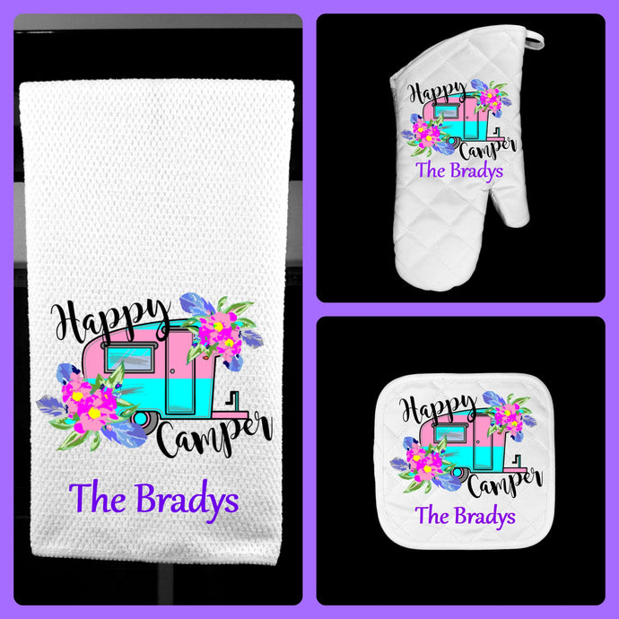 Happy Camper Oven Mitt Pot Holder Towel Gift Set Personalized, Gifts for Mom, Housewarming Gift, Hostess Gift, Wedding, Custom Kitchen Set