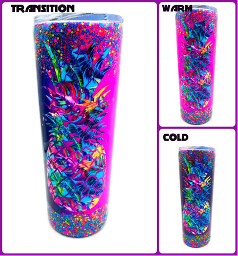 Pineapple Tropical Thermal Glittered Color Changing Thermal Tumbler with Lid - Purple/Pink - Hibiscus Vinyl - Luau - Insulated - 20 oz