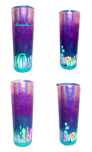 Cactus Personalized Ombre Holographic Glitter Tumbler - Cacti, Succulent - Pink, Purple, Teal - Stainless Steel, Insulated, 20 oz - Mom Gift