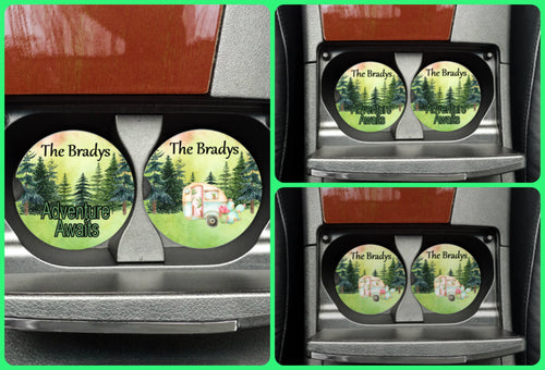 Camping Adventure Awaits Car Coasters - Camping - Personalized - Customized - Couples Gift - Custom Gift - Auto Accessories - Set of 2