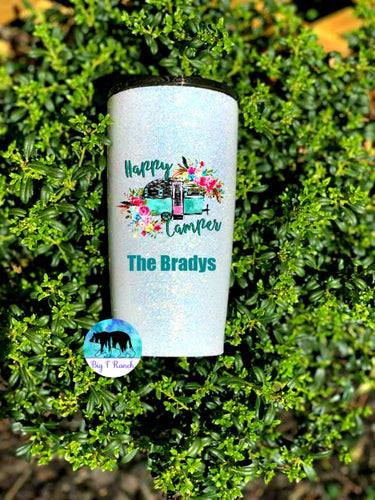 Happy Camper Personalized Glitter Tumbler - Camping Mug, RV gift, Gift for Mom, Couples Gift, Traveling, Boondocking - Insulated - 20 oz