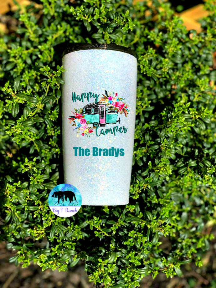 Happy Camper Personalized Glitter Tumbler - Camping Mug, RV gift, Gift for Mom, Couples Gift, Traveling, Boondocking - Insulated - 20 oz