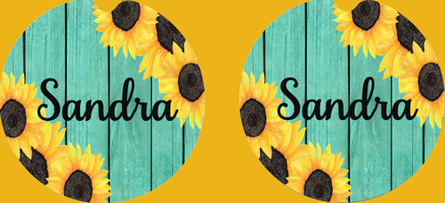 Sunflower Teal Wood Personalized Car Coasters, Flower Coaster, Personalized Coasters, Sandstone Car Coasters, Car Accessories, Set of 2