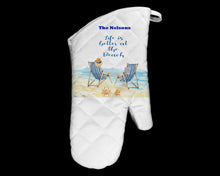 Load image into Gallery viewer, Life is Better at the Beach Oven Mitt Pot Holder Towel Gift Set Personalized, Gifts for Mom, Housewarming Gift.Wedding.Custom Kitchen Set