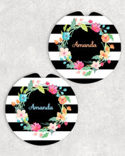 Load image into Gallery viewer, Striped Floral Personalized Car Coasters Set of 2 - Customized - Black and White Stripes - Gift for Mom - Custom Gift - Auto Accessories