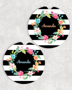 Striped Floral Personalized Car Coasters Set of 2 - Customized - Black and White Stripes - Gift for Mom - Custom Gift - Auto Accessories