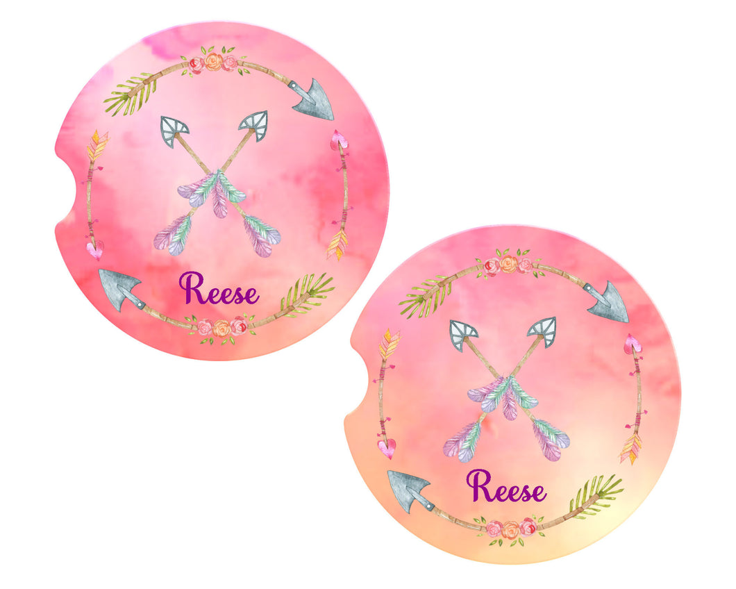 Boho Feathers Arrows Crossed Personalized Car Coasters, Boho Coaster, Personalized Coasters, Sandstone Car Coasters, Custom Car, Set of 2