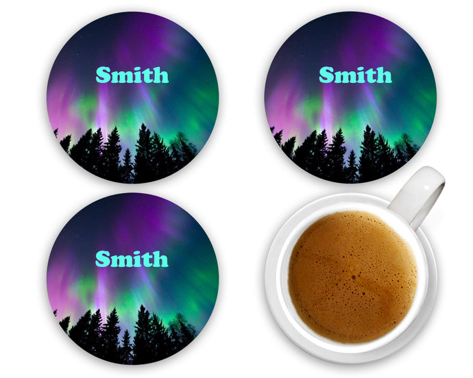 Northern Lights Aurora Borealis Coasters - Trees Night Sky - Personalized - Customized - Wedding Gift - Couples Custom Gift - Set of 4