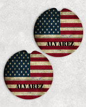 Load image into Gallery viewer, Distressed American Flag Personalized Car Coasters, Veteran Gift, Military, Army, Navy, Air Force, Marines, Sandstone Car Coasters, Set of 2