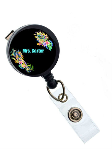 Teacher Name Badge Holder, Retractable Teacher ID Badge Reel, Tropical Flower Badge Holder for Teacher, ID Badge Holder, Back to School