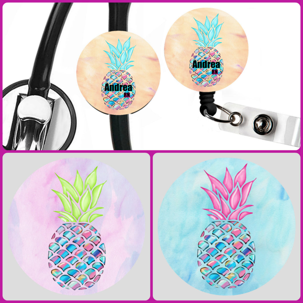 Stethoscope Badge Reel ID Tag Pineapple Personalized, Nurse Stethoscope Tag, Teacher Name Badge Reel, Badge Reel, Nursing Student Gift