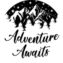 Load image into Gallery viewer, Adventure Awaits Travel RV Camping Vinyl Decal Sticker Custom Car Window Laptop Tumbler Water Bottle Bumper - You Choose Size and Color